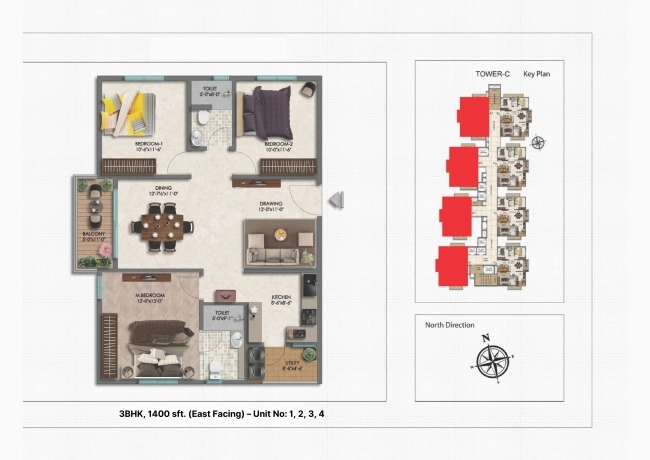 3 BHK 1400 sq.ft. East Facing floor plan — Moonglade Kokapet